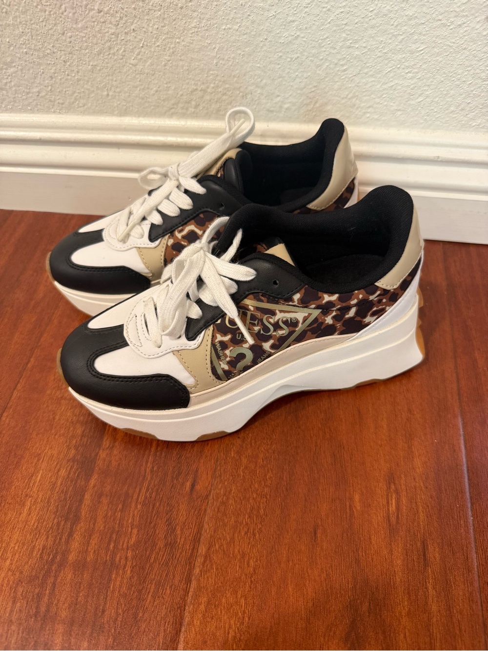 GUESS Leopard Platform Sneakers in Black, White & Tan